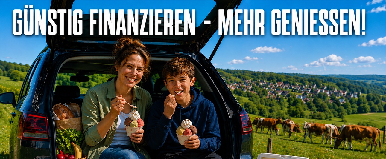 Mutter und Sohn essen Eis im offenen Kofferraum sitzend